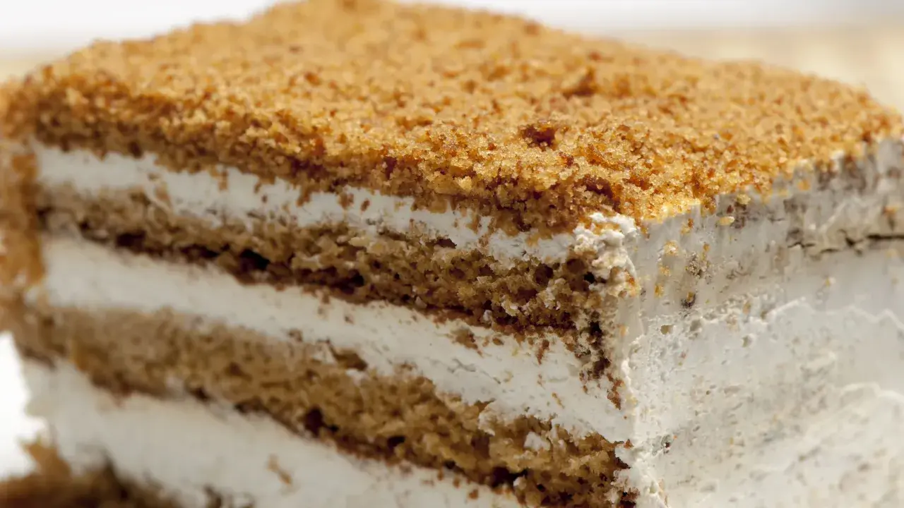 Tranche de gâteau aux couches de biscuit et de crème, saupoudrée de miettes.