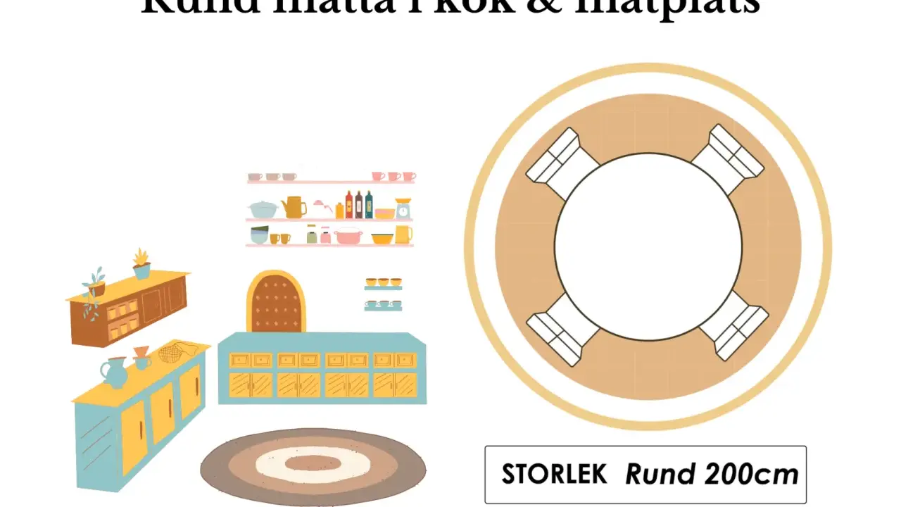 En rund matta i kök & matplats, 200 cm i diameter, passar perfekt under ett runt matbord med stolar.