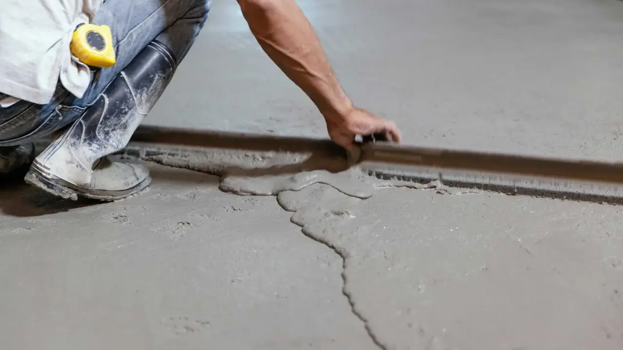 Obrero con botas y cinta métrica trabajando en como nivelar un suelo de cemento con una regla de albañil.