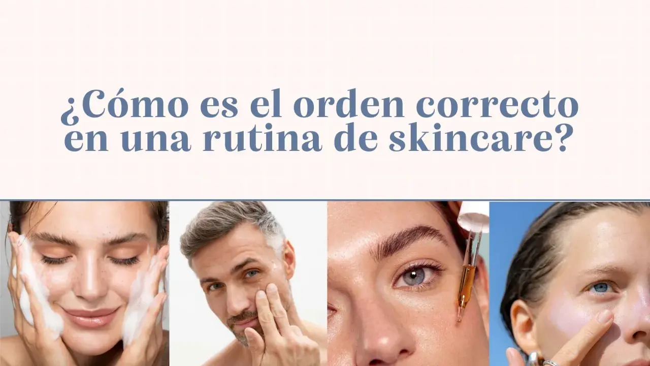 Cuatro personas mostrando pasos de una rutina skincare: limpieza, aplicación de crema, sérum y protector solar.