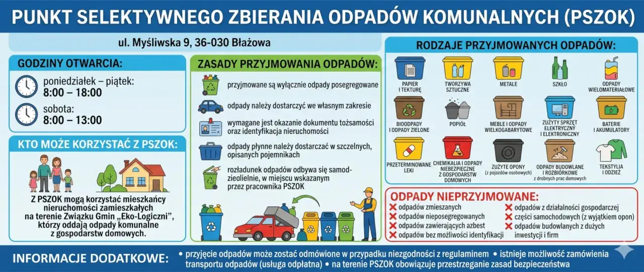 PSZOK w Błażowej przyjmuje posegregowane odpady komunalne od mieszkańców. Sprawdź godziny otwarcia i zasady przyjmowania.