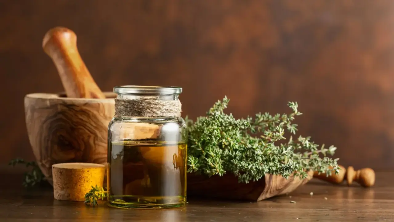 Olio essenziale timo proprietà: un flacone di vetro con olio dorato, un mortaio di legno e rametti di timo fresco.