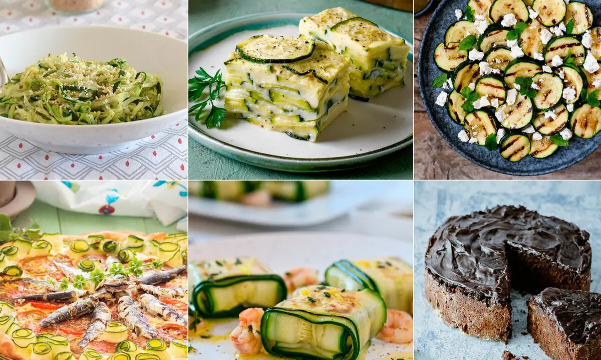 Variedad de recetas con calabacín: espaguetis, lasaña, ensalada a la parrilla, pizza, rollitos y pastel de chocolate.