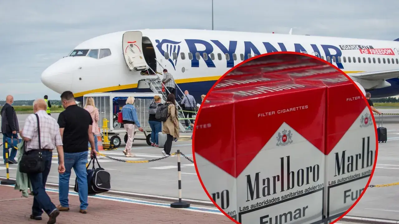 Pasażerowie wsiadają do samolotu Ryanair. W tle zbliżenie na paczki papierosów Marlboro, sugerujące pytanie: czy można mieć papierosy w bagażu podręcznym?