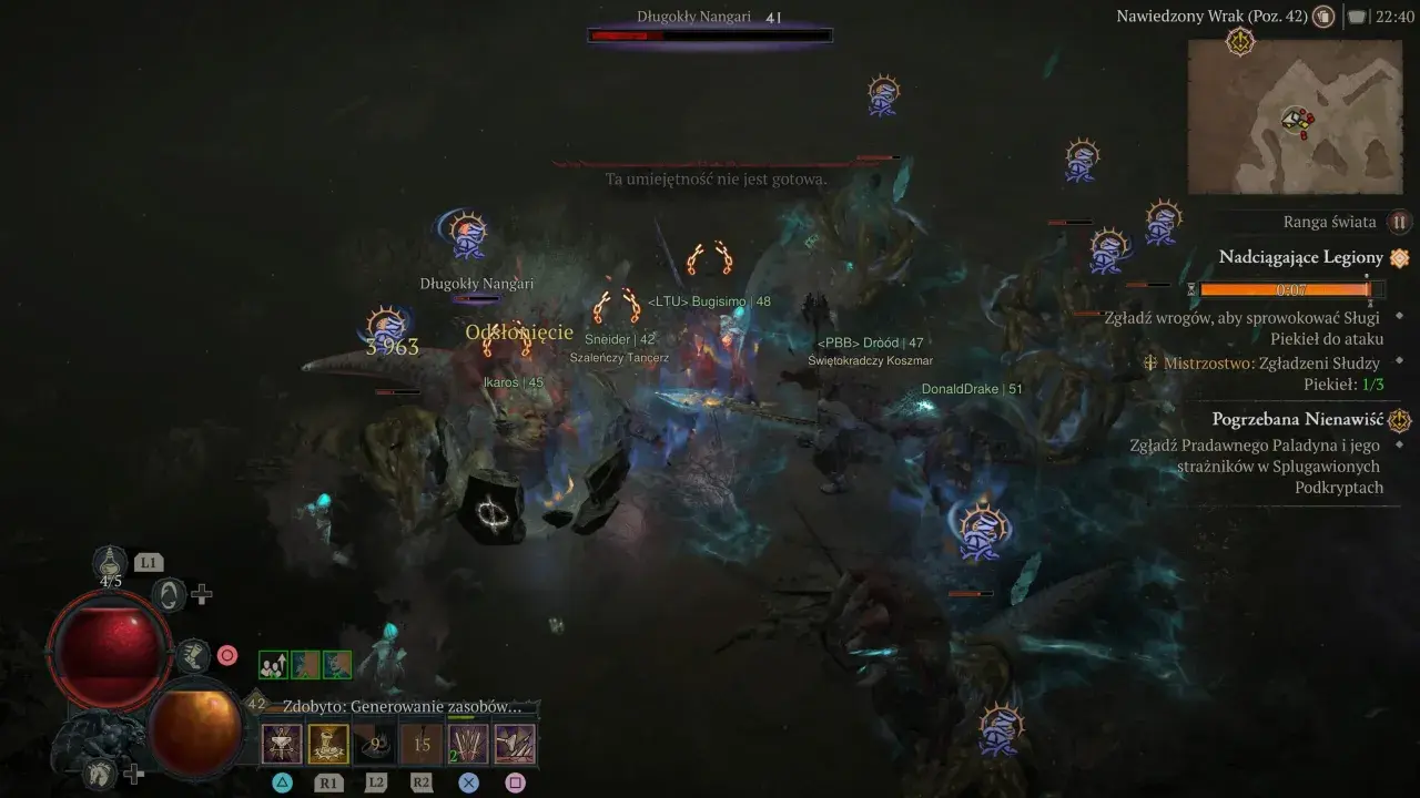 Intensywna walka w Diablo 4. Barbarzyńca z potężnym diablo 4 barbarzyńca build walczy z hordą wrogów, wykorzystując swoje umiejętności.