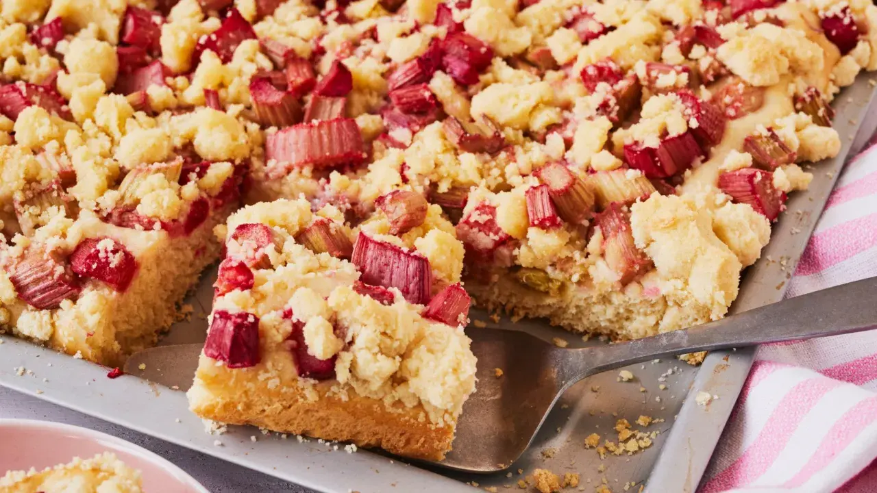 Saftiger Rhabarberkuchen mit Streuseln auf Hefeteig, frisch aus dem Blech geschnitten.
