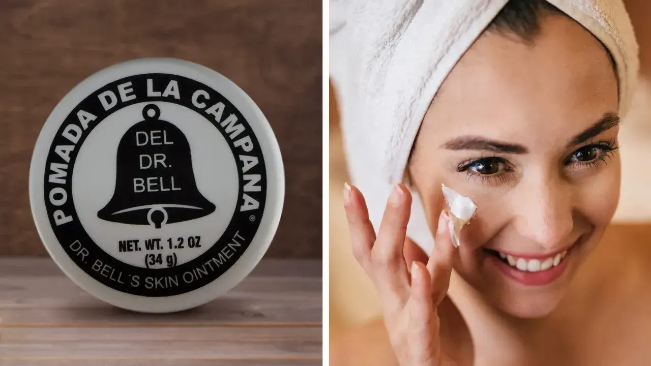 Pomada Dr. Bell's, la crema la campana, aplicada en el rostro de una mujer sonriente con toalla en la cabeza.
