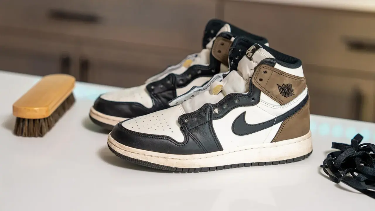Para zadbane buty Nike Air Jordan 1 czeka na czyszczenie. Szczotka i sznurówki gotowe do akcji.