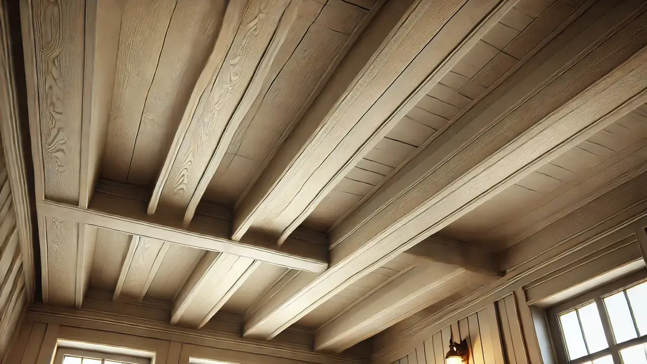 Plafond avec poutres peintes couleur lin, créant une ambiance chaleureuse et rustique.
