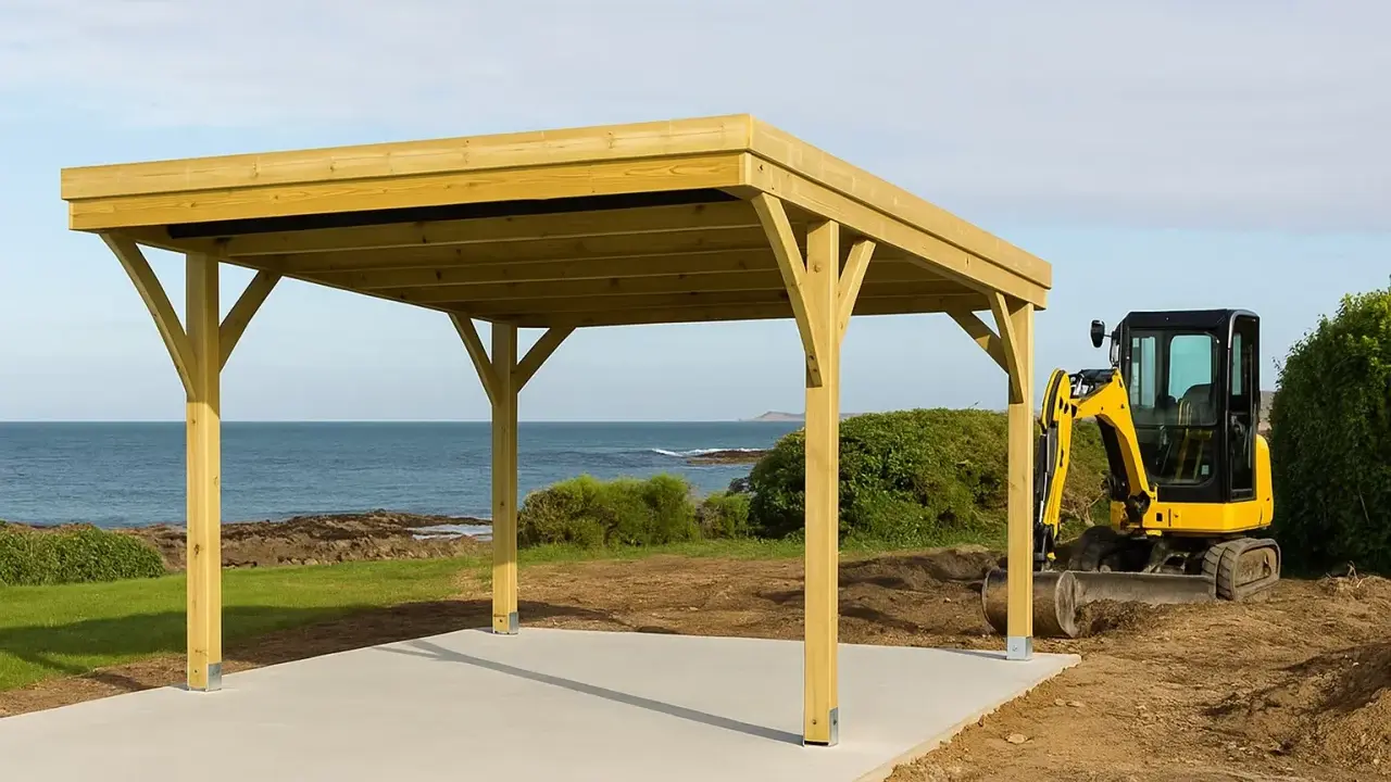 Un carport en bois est en cours de construction près de la mer. Une mini-pelle jaune est garée à côté, prête pour la suite des travaux. Une déclaration de carport est nécessaire pour ce projet.