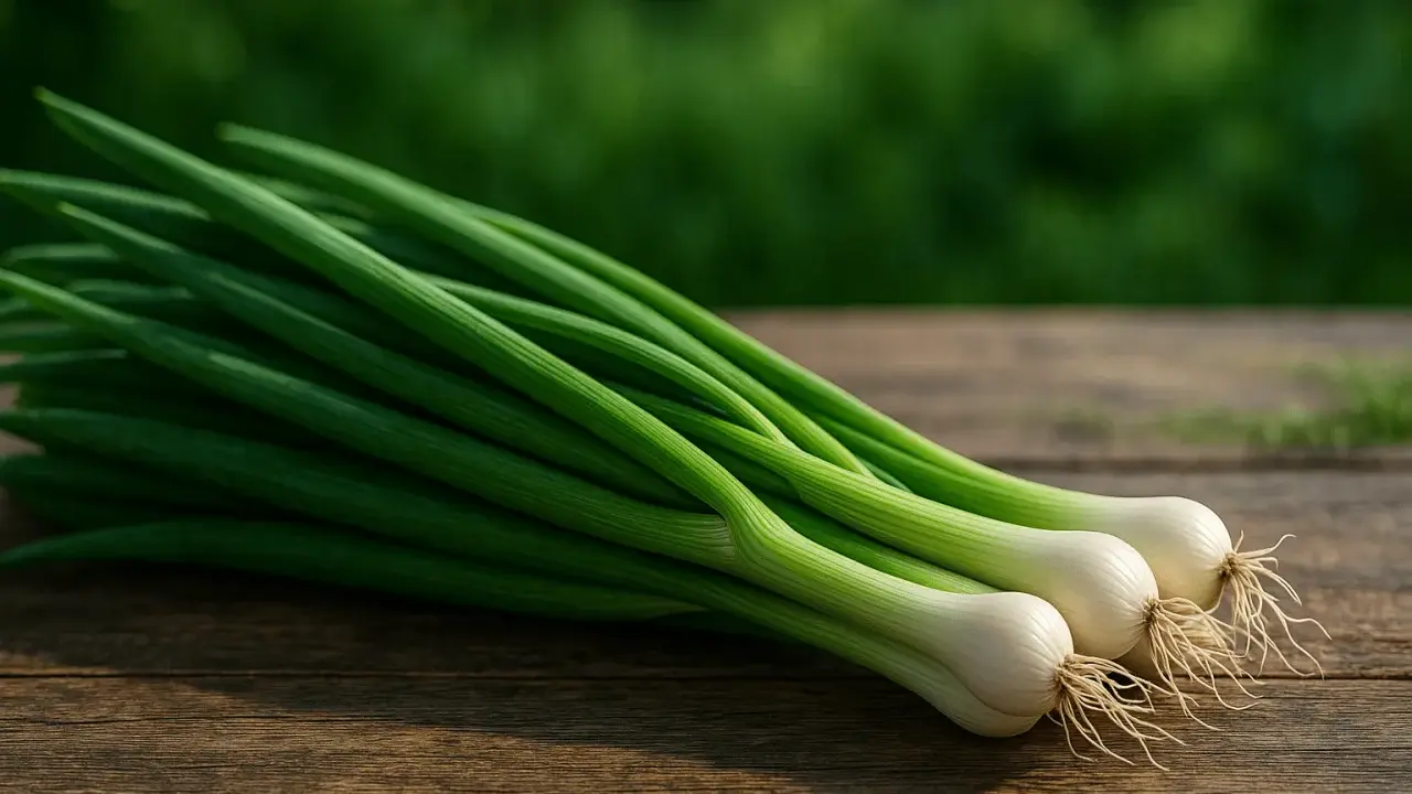Trois oignons nouveaux, aux tiges vertes et bulbes blancs, reposent sur un bois rustique. Ils évoquent la fraîcheur de la ciboule et de la ciboulette.