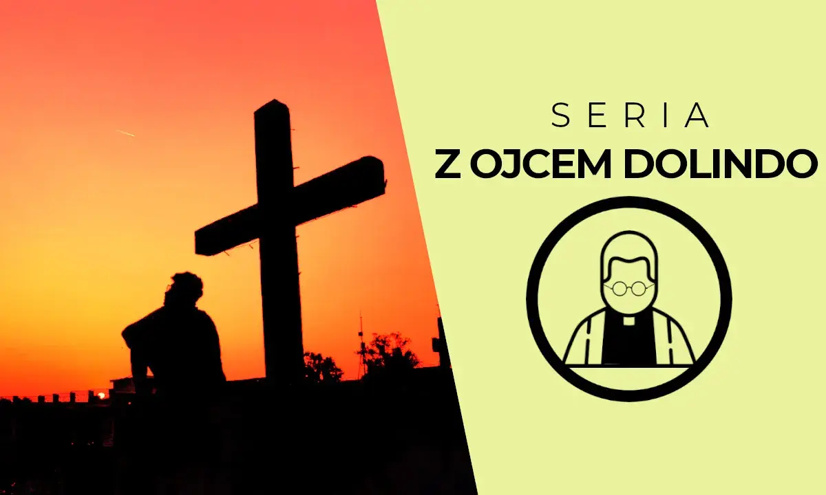 Zachód słońca za krzyżem, obok symbol księdza. Seria z Ojcem Dolindo.
