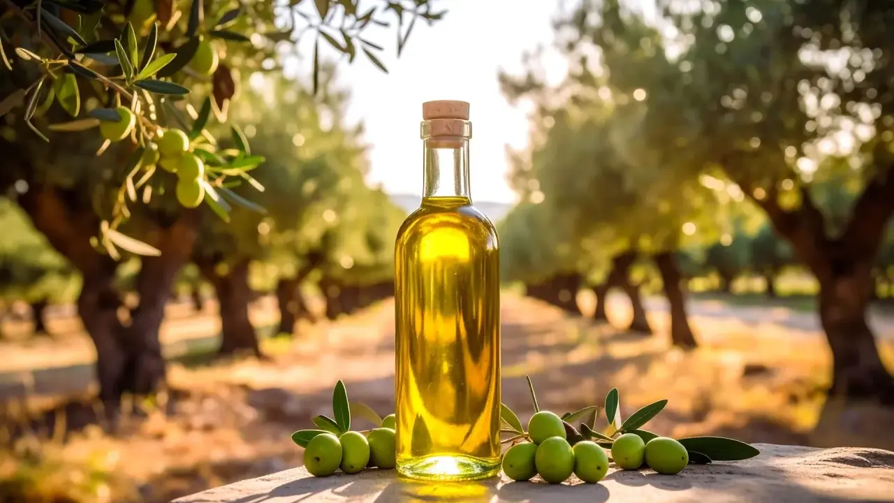 Aceite de oliva virgen extra en una botella, rodeado de aceitunas frescas y un olivar al atardecer. Pregúntate: ¿cuánto aceite da un olivo?