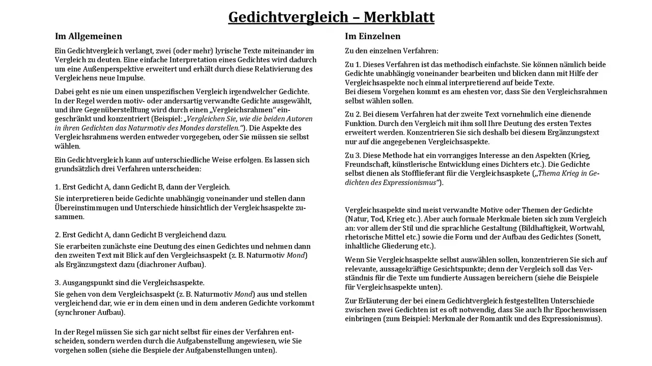 Ein Gedichtvergleich beleuchtet Gemeinsamkeiten und Unterschiede lyrischer Texte. Ein Sonett ist eine Gedichtform, die hier als Vergleichsaspekt genannt wird.