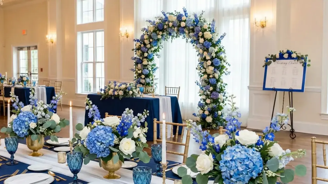Elegancka sala weselna z niebieskim jako kolorem przewodnim. Dekoracje z niebieskich i białych kwiatów, złote wazony i świece tworzą romantyczną atmosferę.