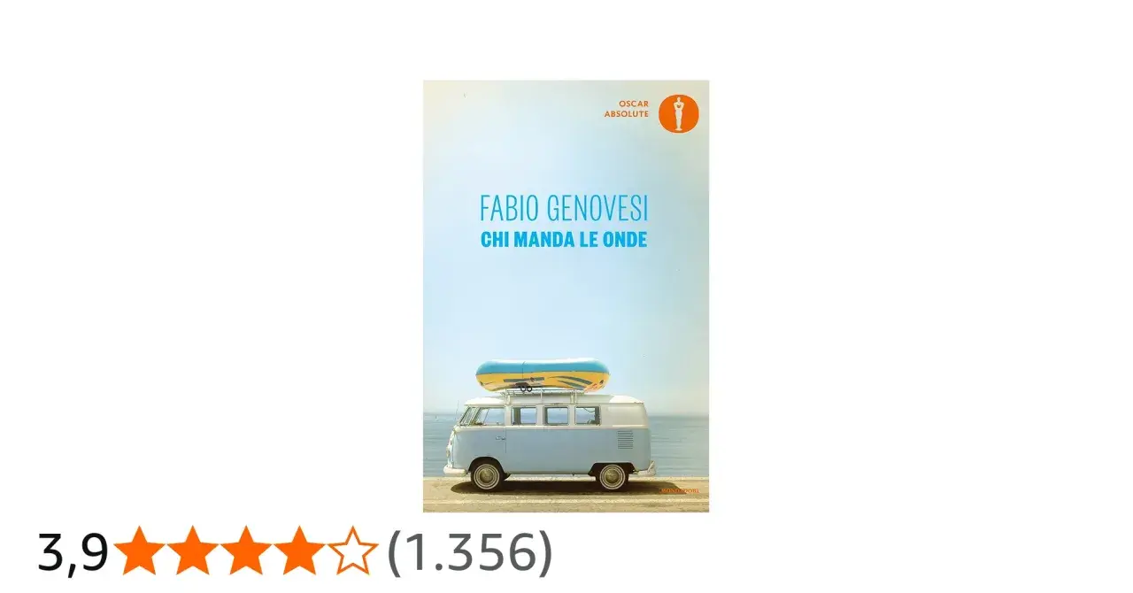 Copertina del libro "Chi manda le onde" di Fabio Genovesi, con un furgone e un materassino gonfiabile sul tetto.