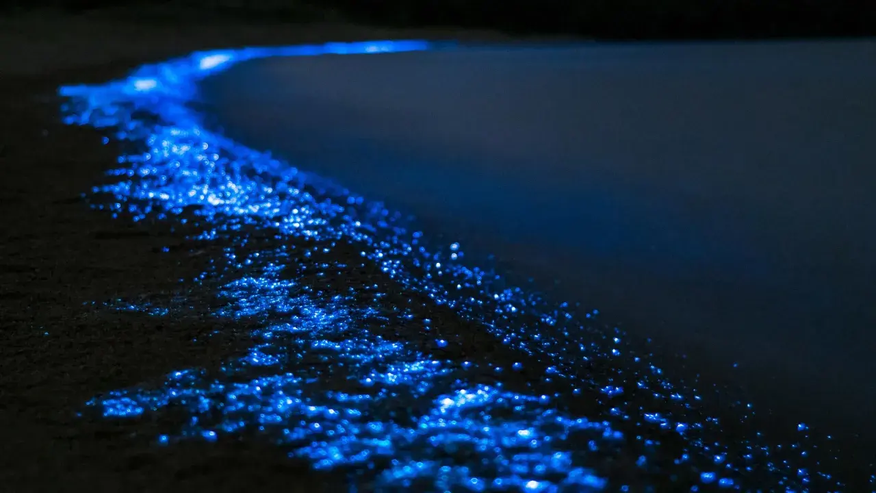 Ein magischer "sea of stars" auf den Malediven. Biolumineszente Algen leuchten am dunklen Strand wie tausende kleine Sterne.
