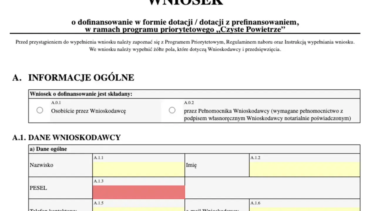 Wniosek o dofinansowanie „Czyste Powietrze” zawiera pola na dane wnioskodawcy, takie jak nazwisko, PESEL i dane kontaktowe. Wzór wniosku o wczasy pod gruszą nie jest widoczny.