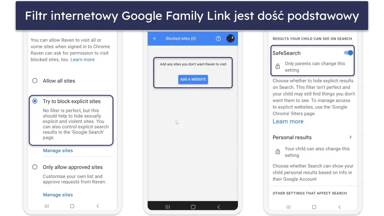 Jak zablokować strony dla dorosłych? Google Family Link oferuje opcję "Spróbuj blokować nieodpowiednie strony", która pomaga ukryć treści dla dorosłych.
