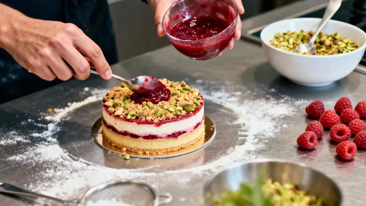 Un chef ajoute une touche finale à un gâteau, déposant une compotée pour créer un insert croustillant framboise.