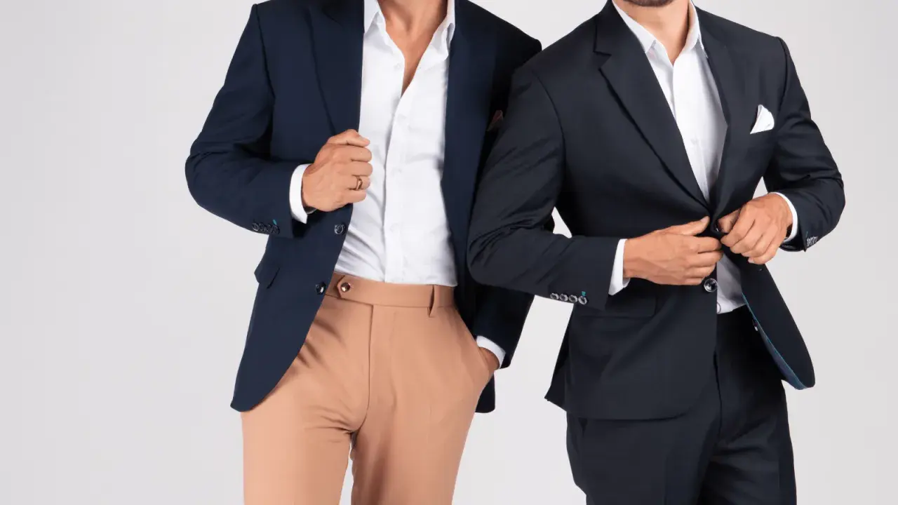 Two men in navy blazers and white shirts. One wears tan pants, the other dark pants. Is semi formal and cocktail attire the same?