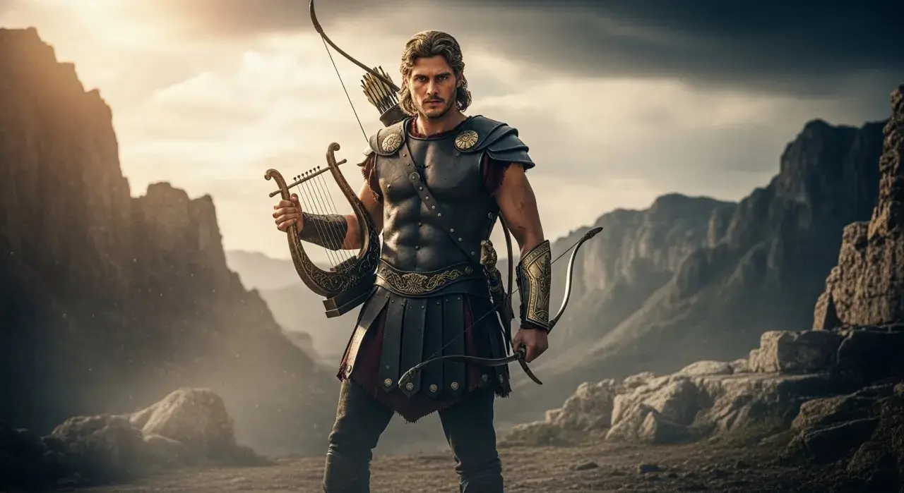 Apollon mit Lyra und Bogen in felsiger Landschaft.