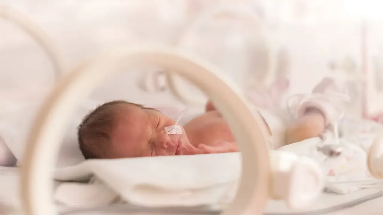 Maleńki wczesniak w inkubatorze, z rurką w nosku, śpi spokojnie.