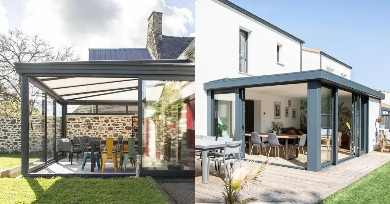 Deux styles de véranda : une avec mur en pierre et mobilier coloré, l'autre moderne avec terrasse en bois et salle à manger. Une veranda loi carrez pour chaque projet.