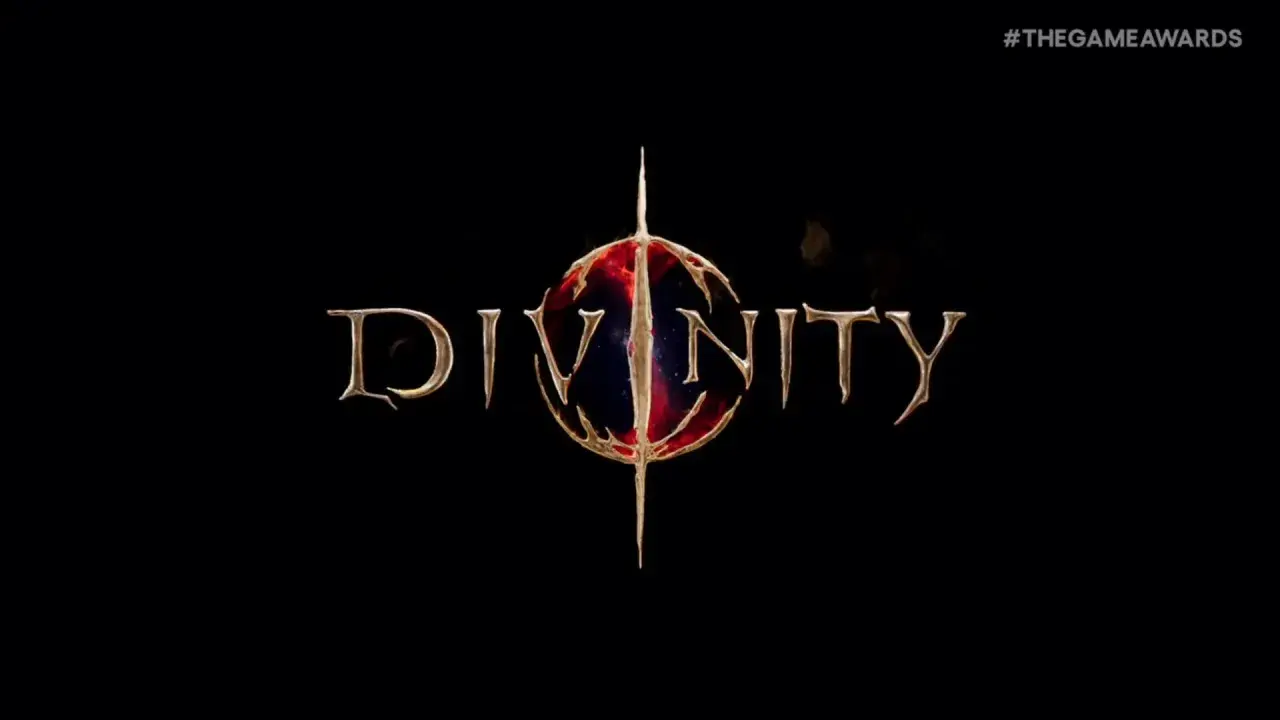 Złoty napis "DIVINITY" z centralnym, krwistoczerwonym symbolem, zapowiadający Divinity 3.