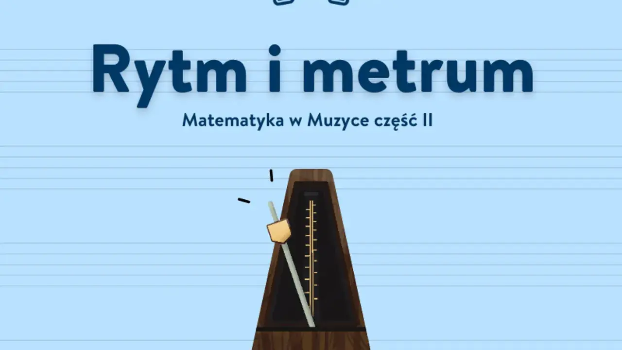 Metronom pomaga utrzymać stałe tempo, czyli metrum w muzyce. Tytuł "Rytm i metrum" oraz grafika sugerują lekcję o podstawach muzyki.