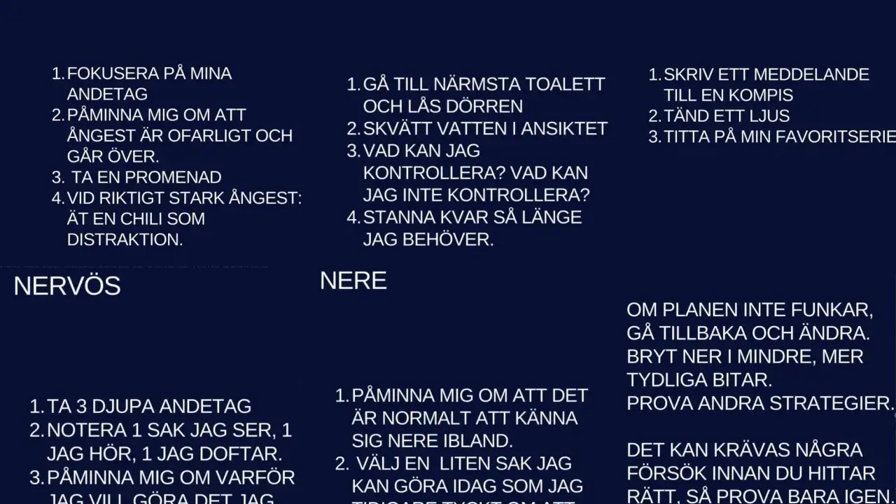 Textlistor med strategier för ångest, stress, ensamhet och nervositet. En strategi för stark ilska är att äta en chili som distraktion.