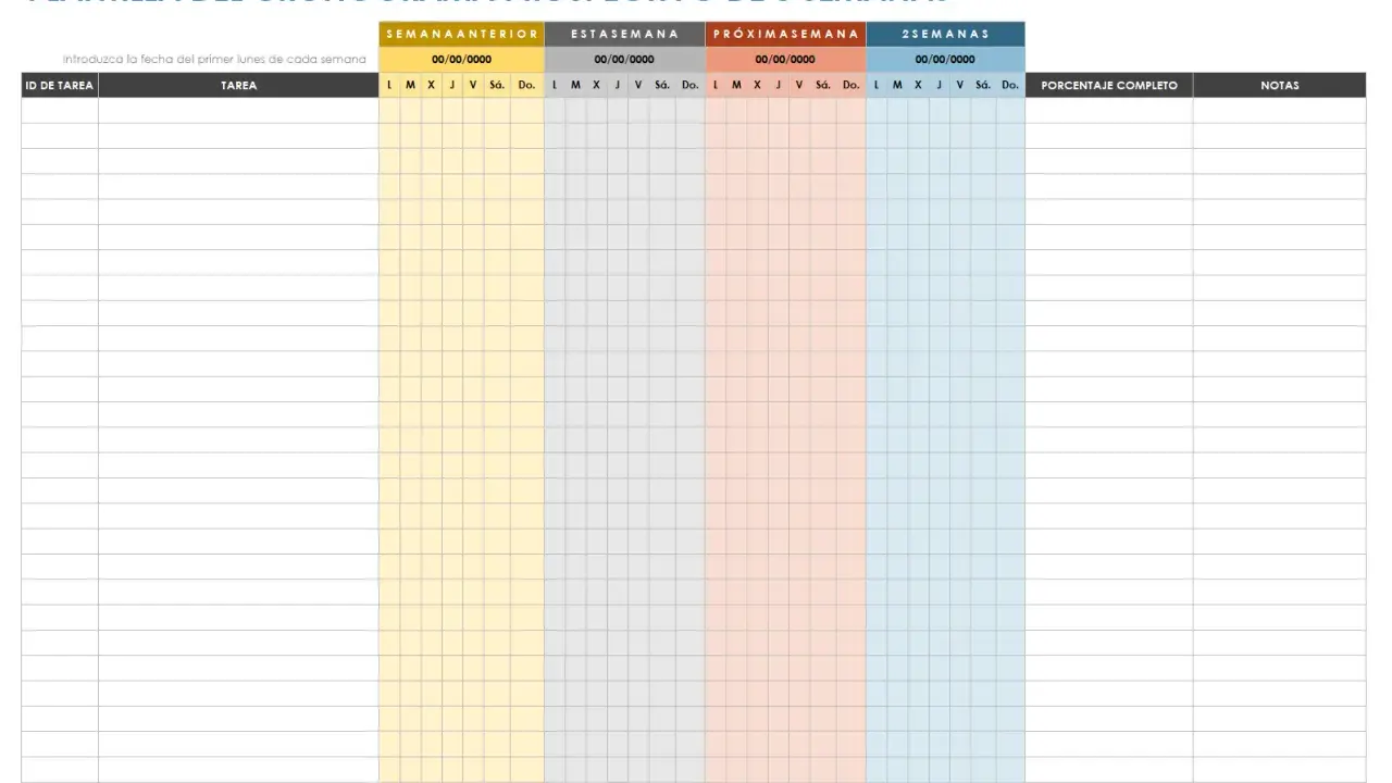 Plantilla para un cronograma obra de 3 semanas, con columnas para tareas, días de la semana y notas.