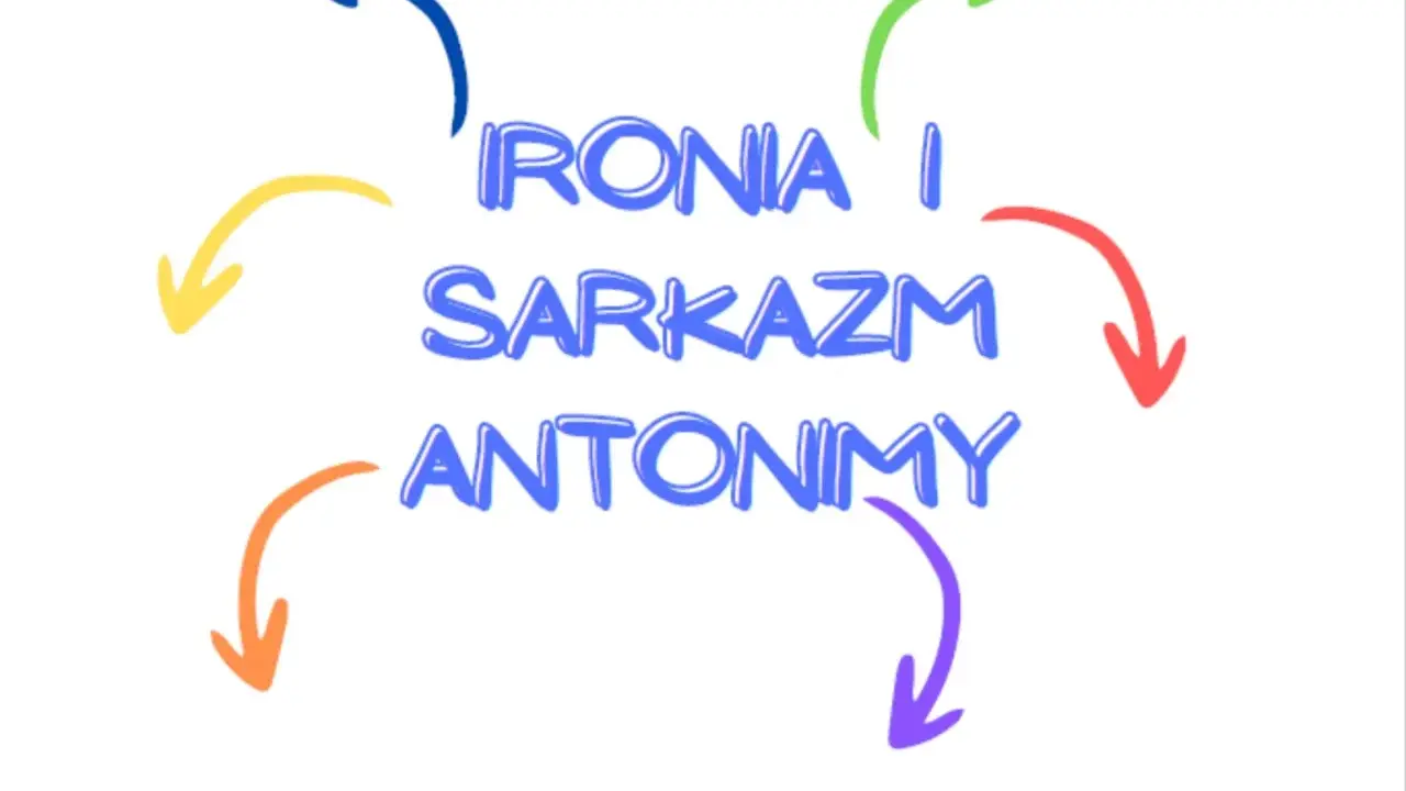 Kolorowe strzałki otaczają napis "IRONIA I SARKAZM ANTONIMY", sugerując, że te pojęcia są ze sobą powiązane, niczym w ironicznym poczuciu humoru.