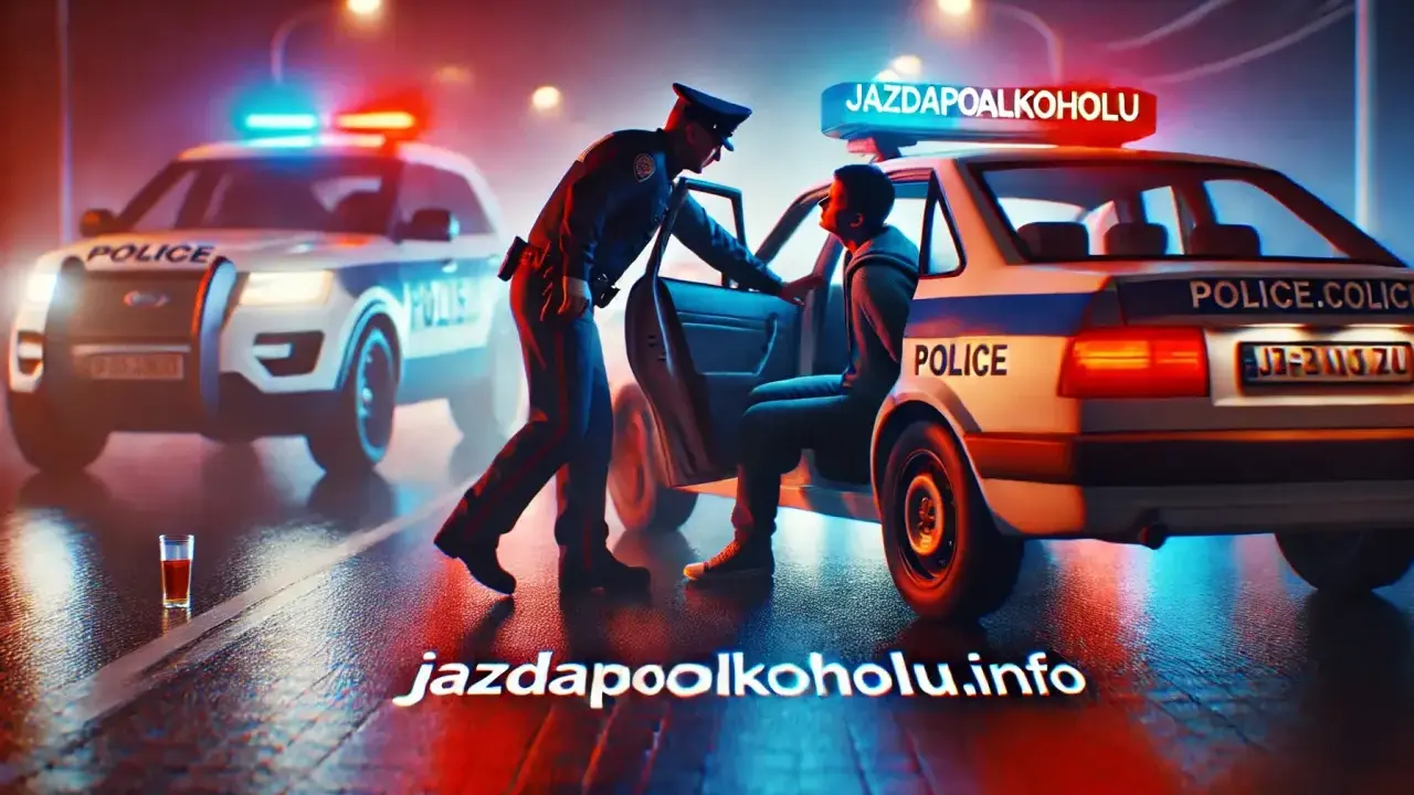 Policjant zatrzymuje kierowcę. Na dachu radiowozu napis "JAZDA PO ALKOHOLU". To przypomnienie o **limicie alkoholu w Polsce**.