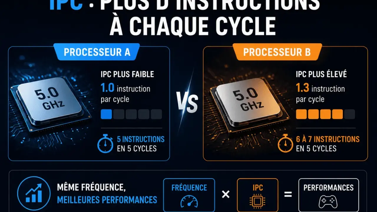 Comparaison de processeurs : même fréquence (5.0 GHz), mais l'IPC (instructions par cycle) plus élevé du processeur B offre de meilleures performances.