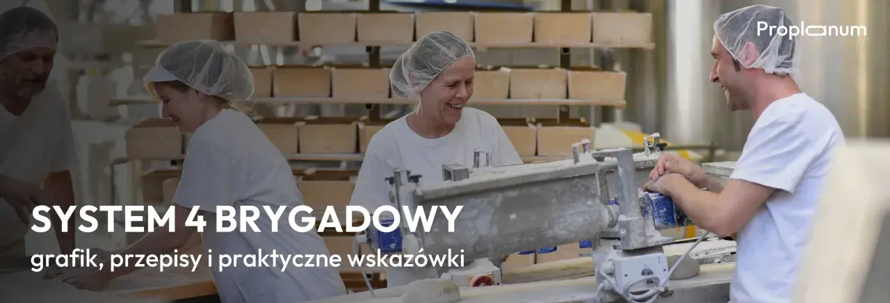 Pracownicy piekarni w czepkach pracują przy maszynie. SYSTEM 4 BRYGADOWY grafik, przepisy i wskazówki.