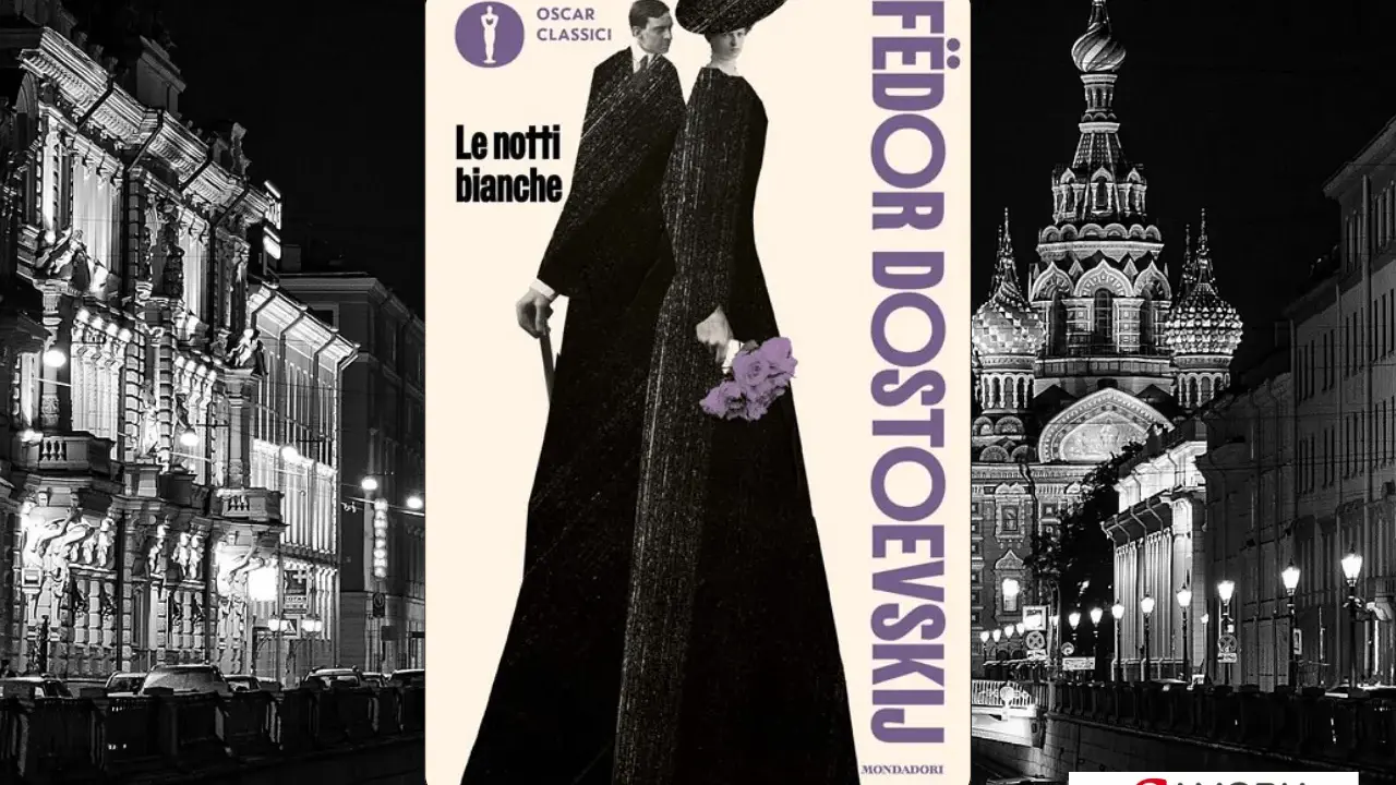 Copertina di "Le notti bianche" di Dostoevskij, con figure eleganti e architettura notturna.