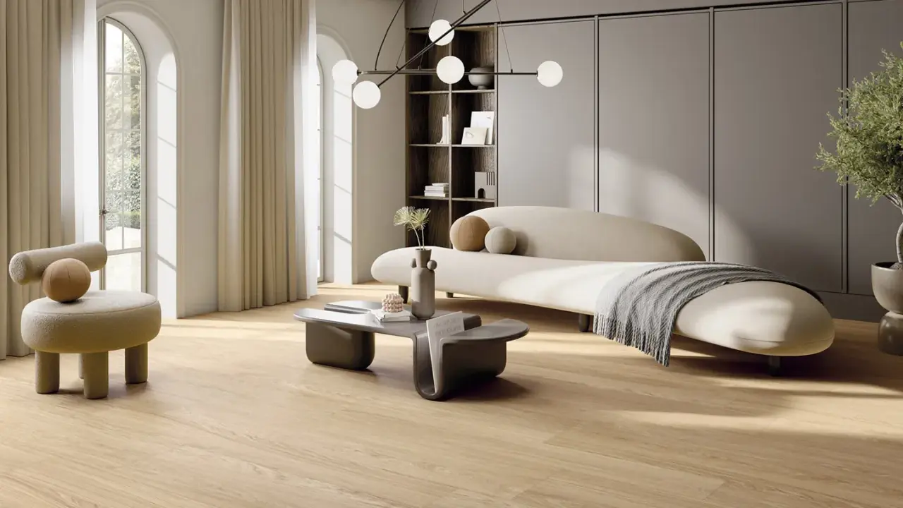 Un salotto in stile scandinavo casa con divano curvo, poltrona soffice, tavolino moderno e un'elegante lampada a sospensione.