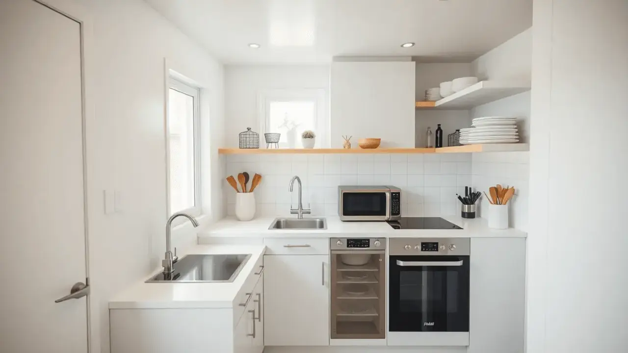 Aménagement petite cuisine 2m2 : évier, plaque induction, four, micro-ondes et rangements optimisés dans un espace minimaliste et lumineux.