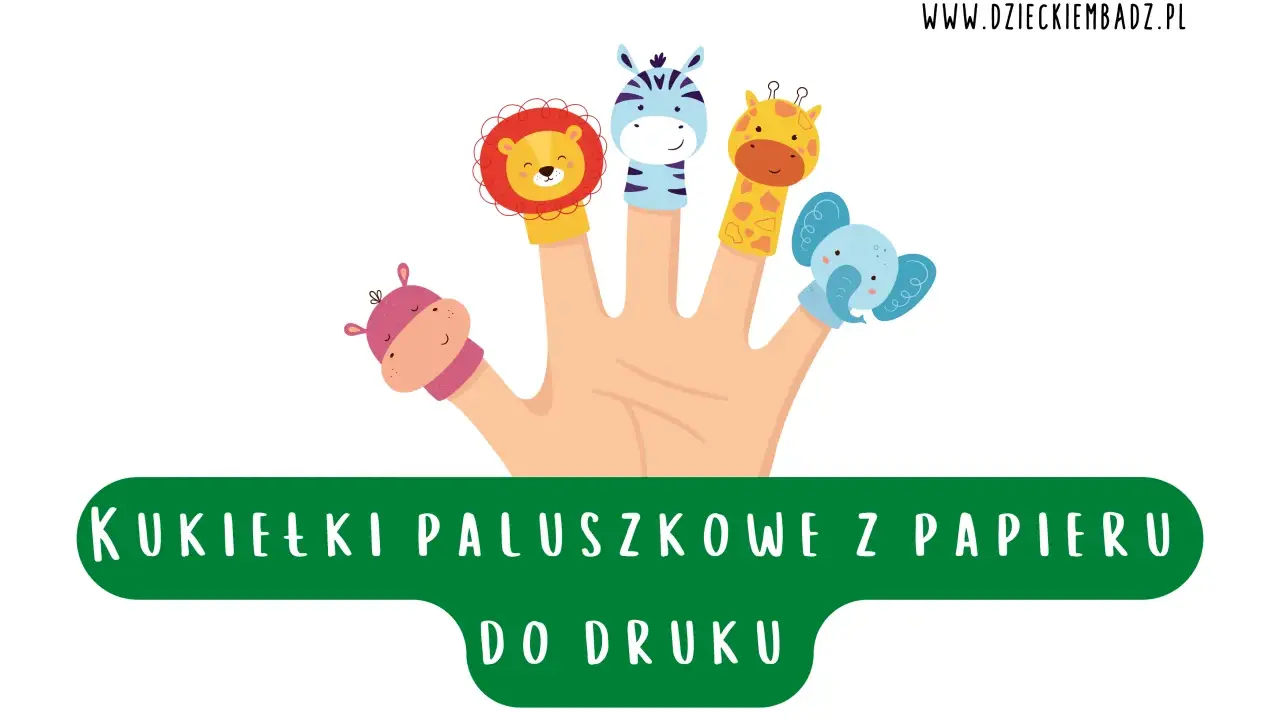Zabawne kukiełki paluszkowe z papieru do druku: lew, zebra, żyrafa, słoń i hipopotam na dłoni.
