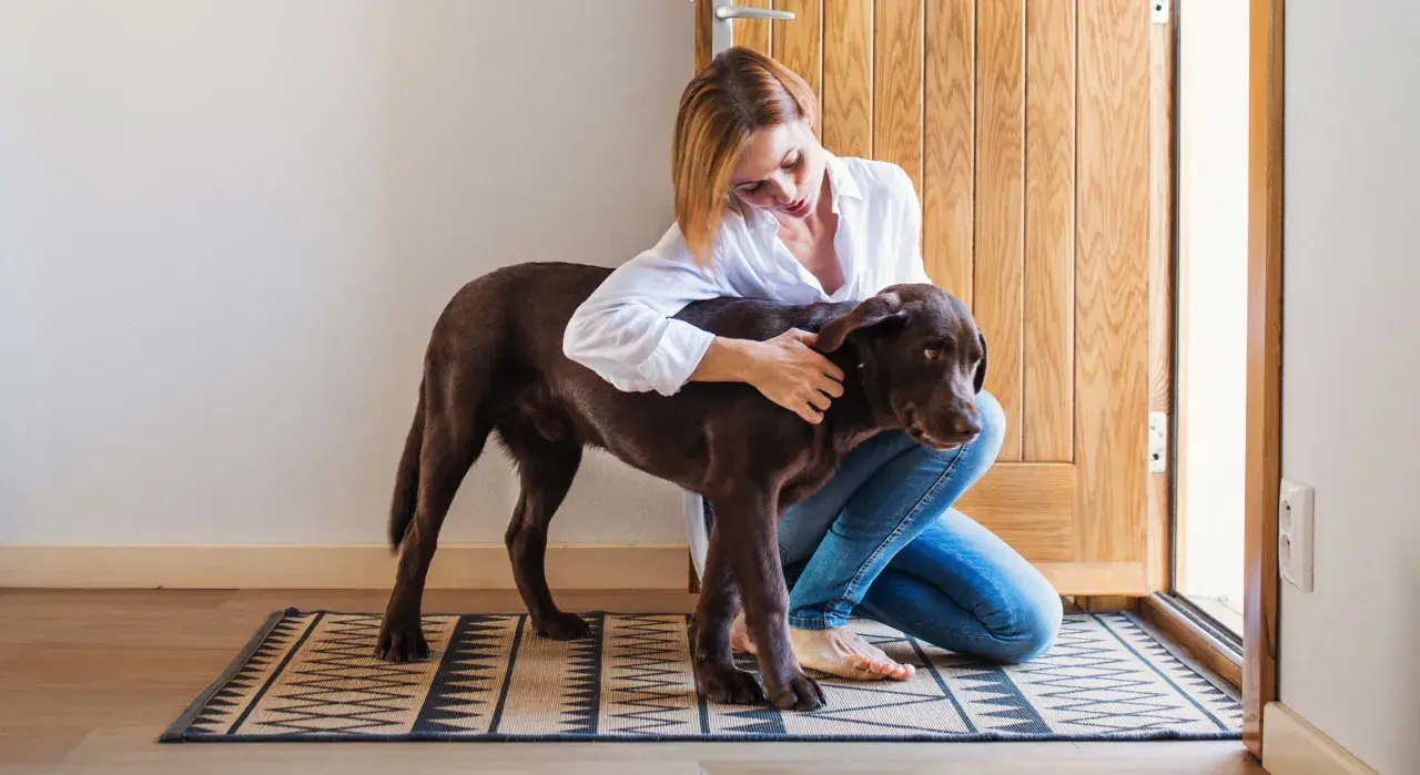 Une femme accroupie enlace tendrement son chien brun. Leur **relation fusionnelle avec son chien** est palpable dans ce moment de complicité.