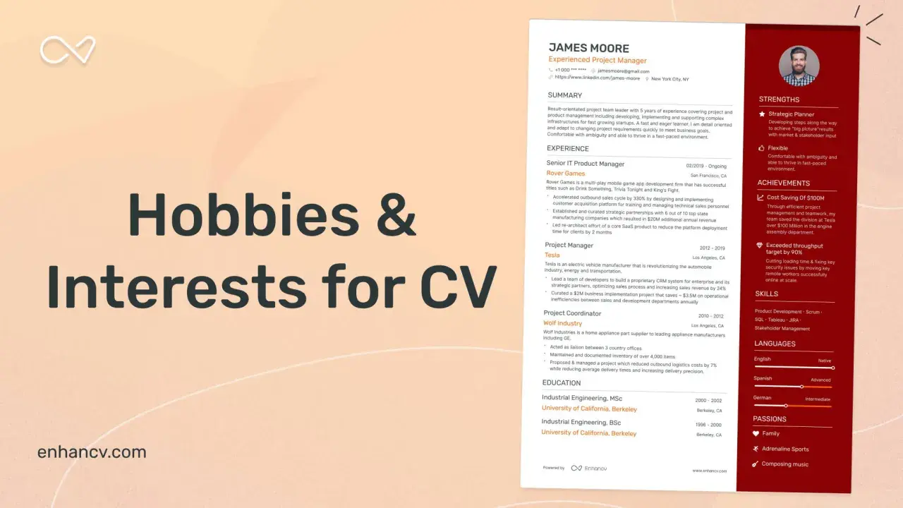 Grafika z tekstem "Hobbies & Interests for CV" na jasnym tle.