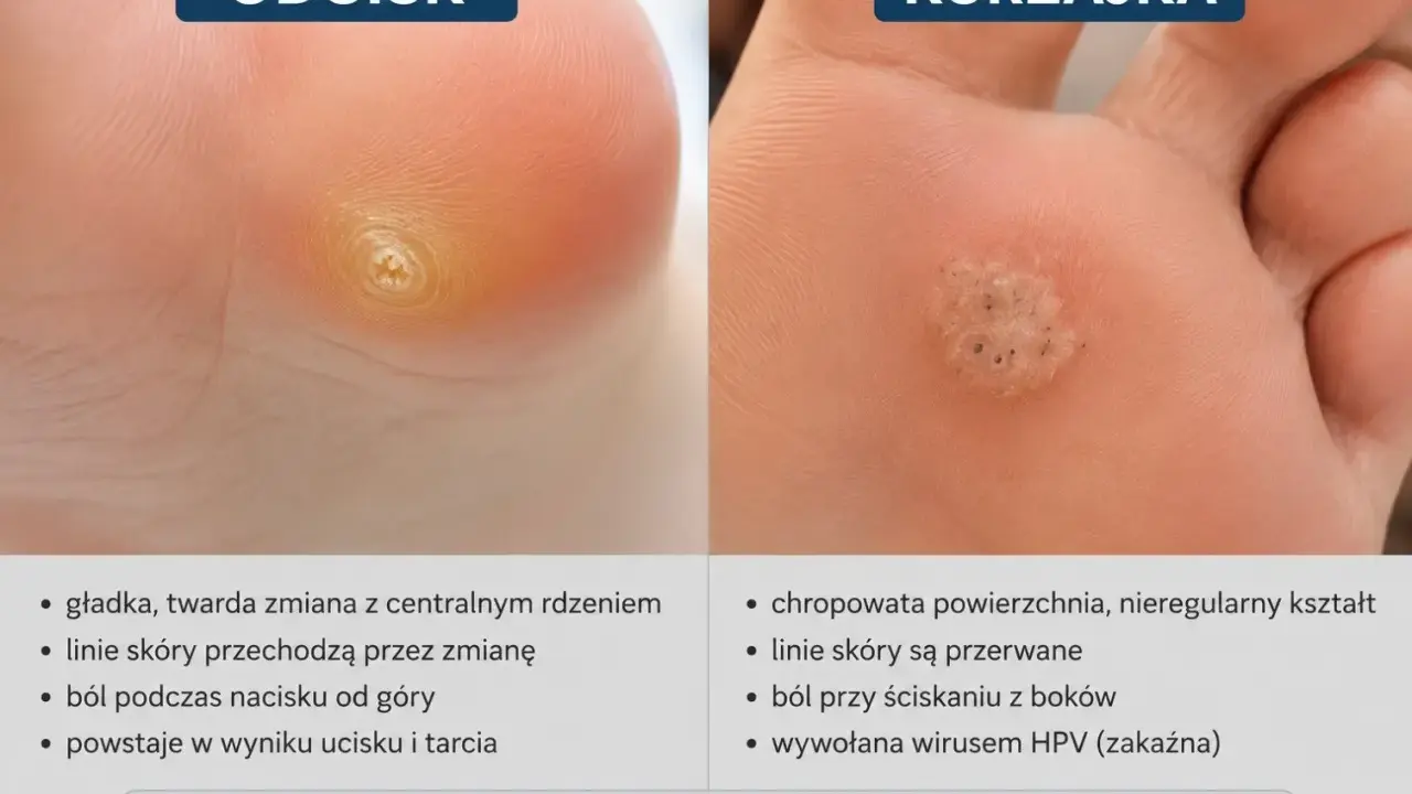 Porównanie kurzajki i odcisku na stopie. Kurzajka jest chropowata i wywołana wirusem HPV, a odcisk gładki i powstaje od ucisku.
