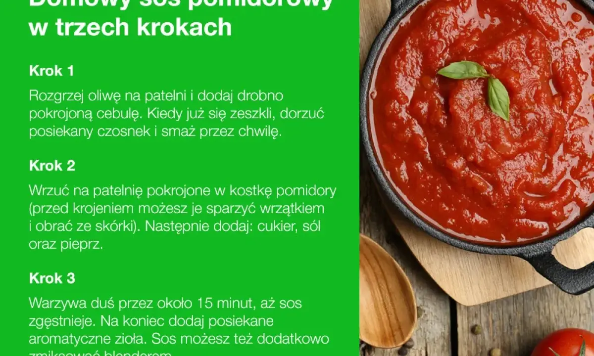 Domowy sos pomidorowy w trzech krokach. Pyszny, gęsty sos pomidorowy z bazylią, idealny do makaronu.