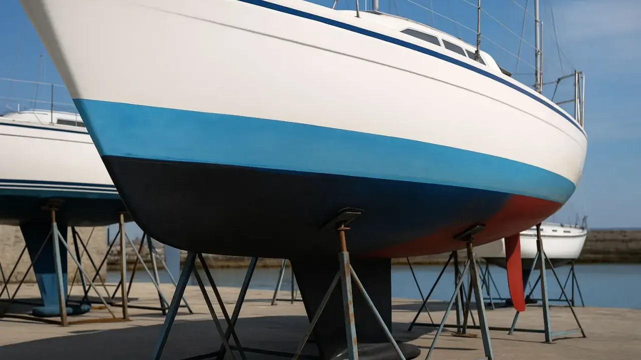 Vue rapprochée de la coque d'un voilier blanc avec une bande bleue et une bande rouge. Le choix couleur coque bateau est important pour l'esthétique.