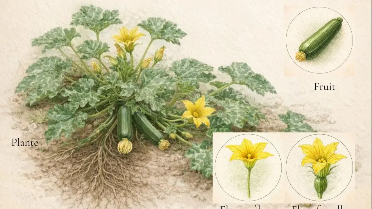 Plante de courgette avec ses fruits, ses racines et ses fleurs mâles et femelles. La fleur de courgette est jaune vif.