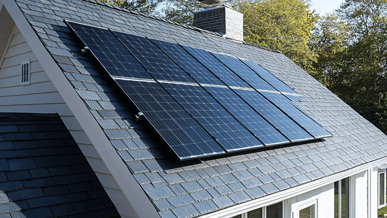 Panneaux solaires sur un toit en ardoise, captant l'énergie du soleil pour un chauffage écologique.
