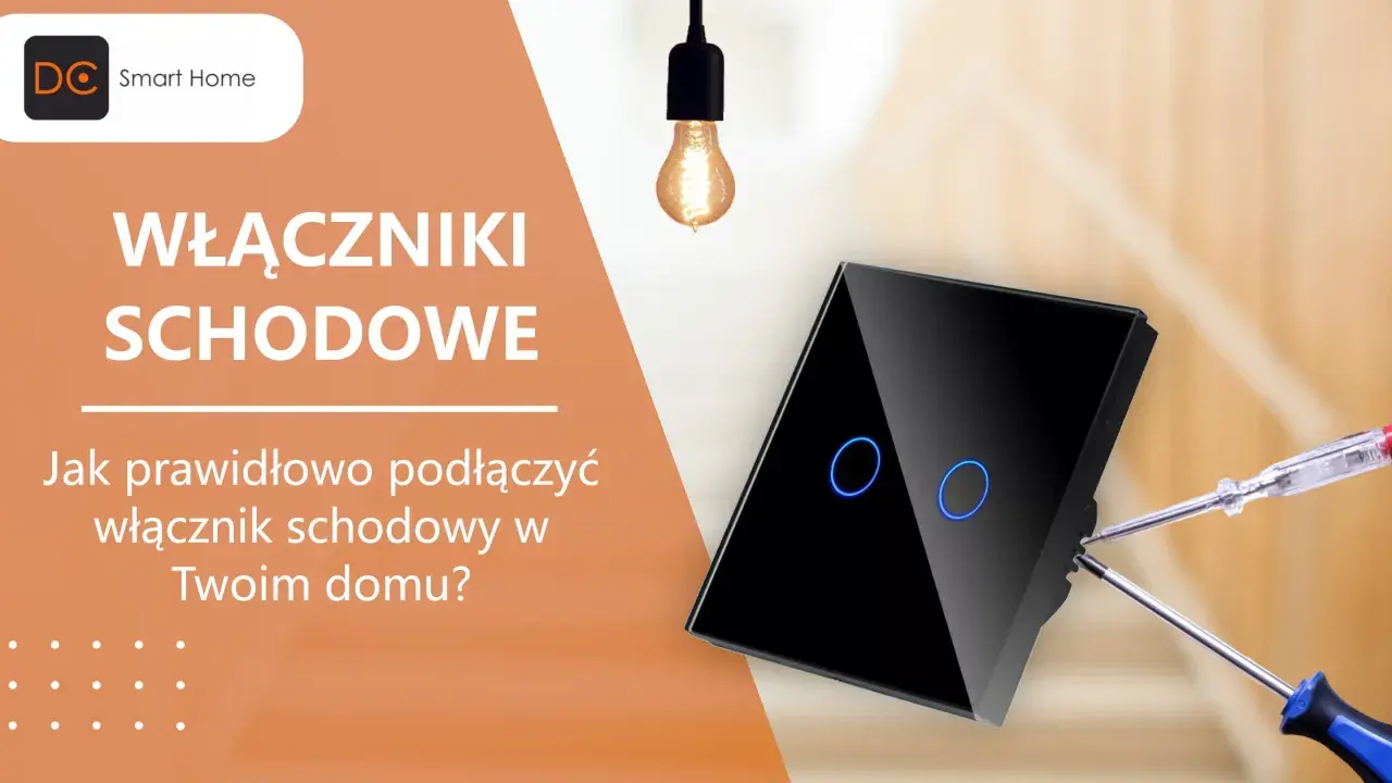 Schemat podłączenia wyłącznika schodowego. Nowoczesny, czarny włącznik z niebieskim podświetleniem i narzędzia do montażu.