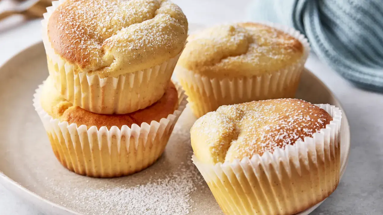 Saftige Quark Muffins, mit Puderzucker bestäubt, auf einem Teller arrangiert. Ein köstlicher Genuss!