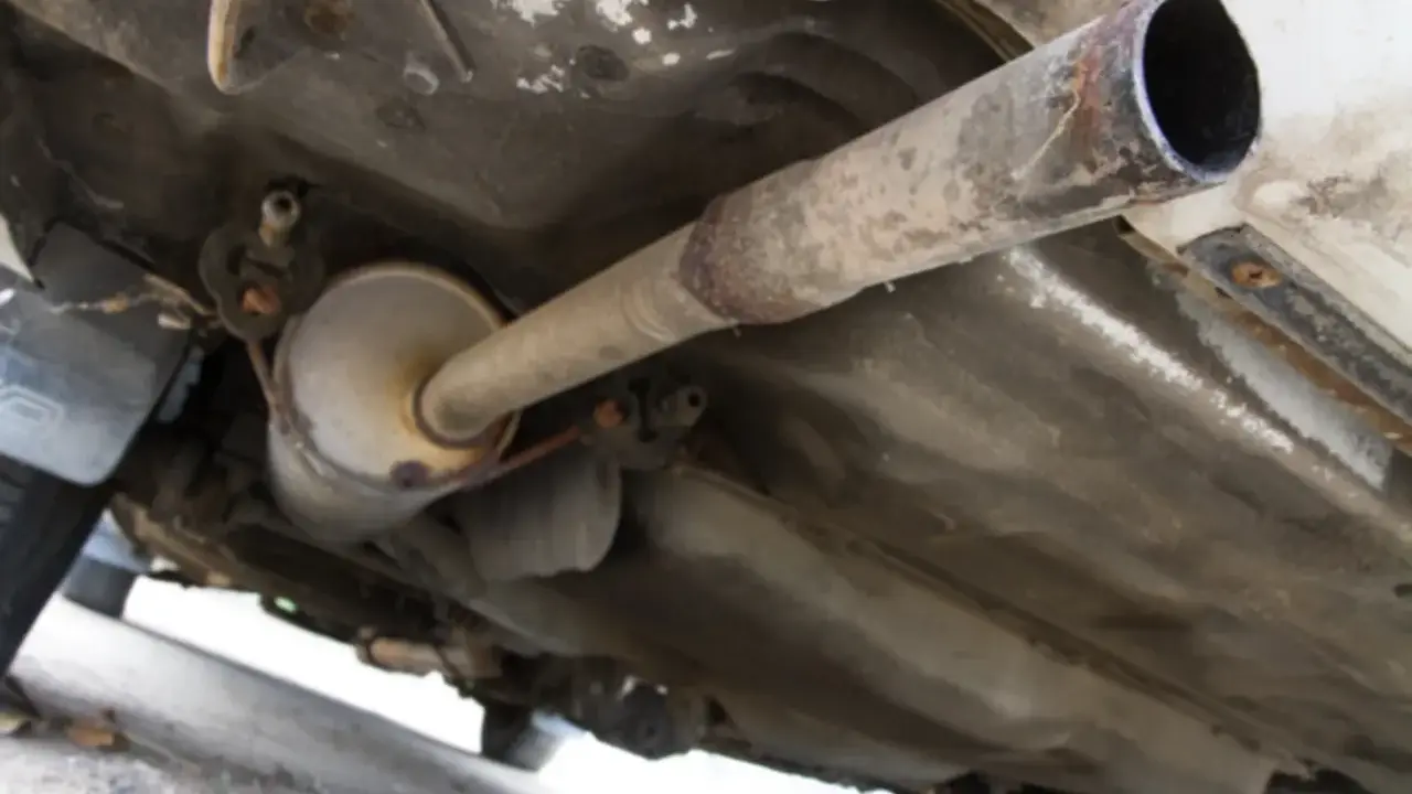 Vista inferior de un coche, mostrando el sistema de escape con un silenciador y tuberías oxidadas. El colector de escape es una parte crucial del sistema.